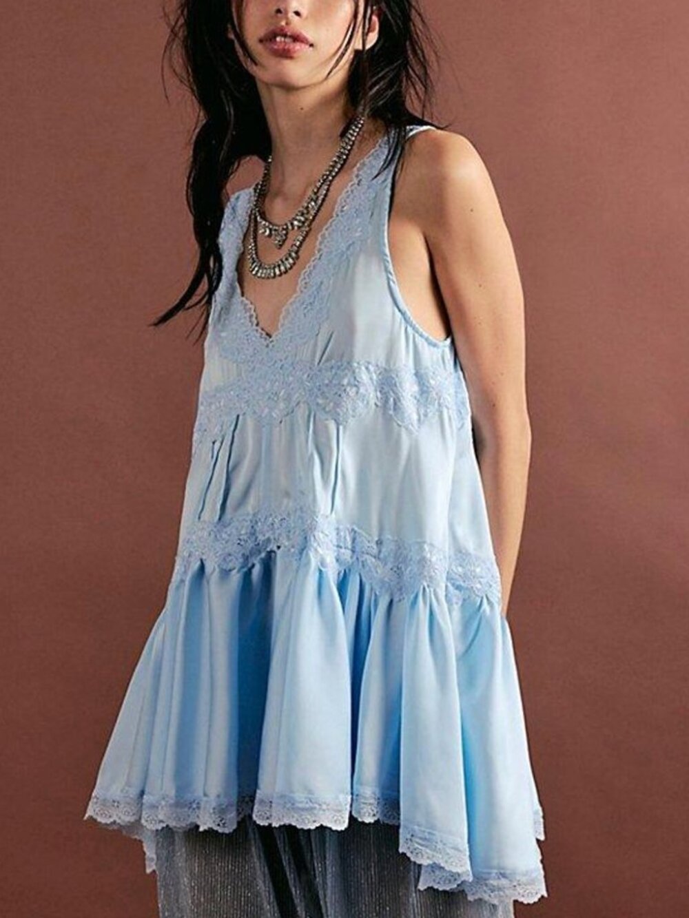 Free People Intimately Light Blue Satin Lace Trim Slip Mini Dress - Small